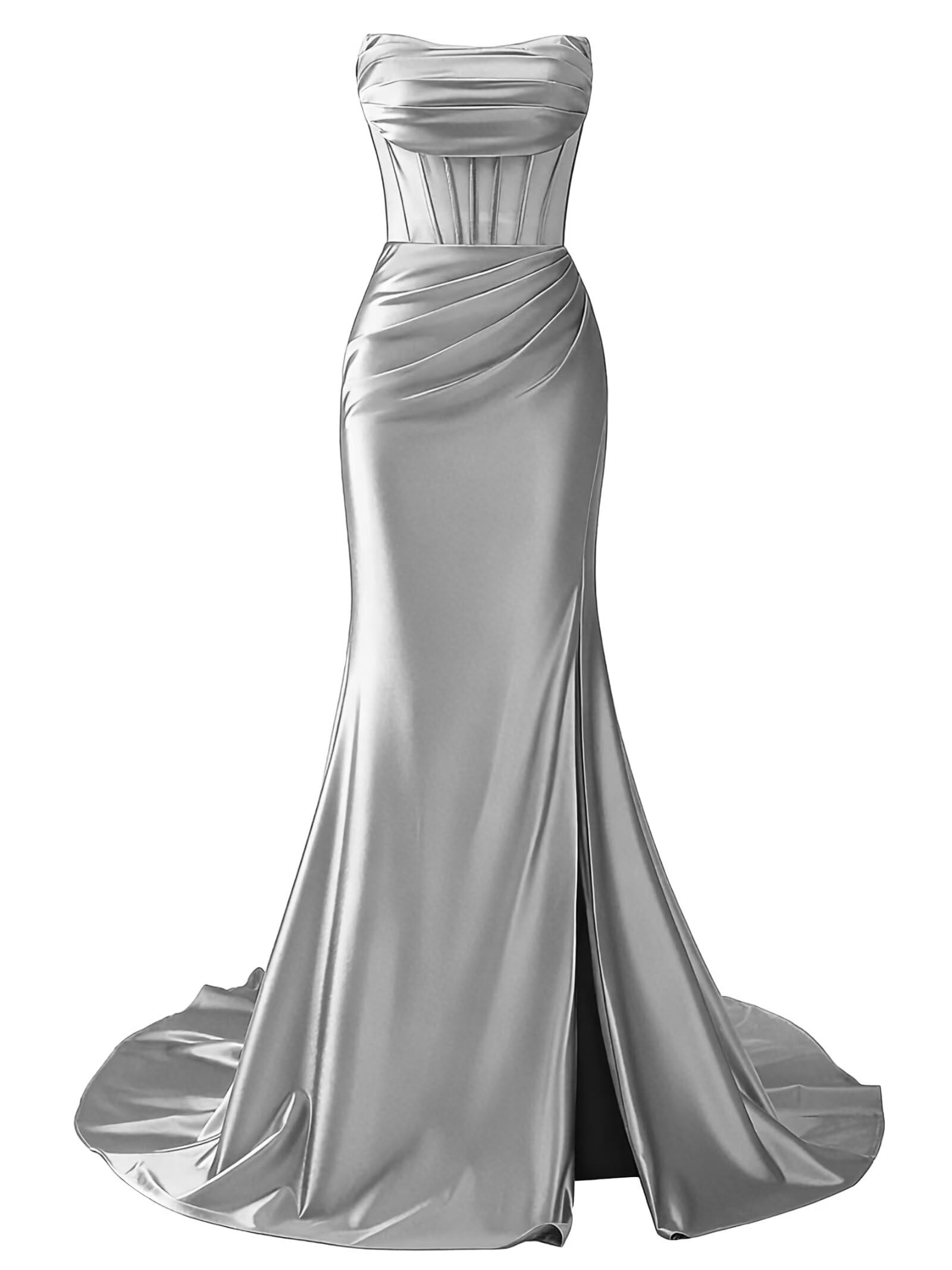 Strapless Satin Mermaid Long Prom Dresses with Slit 