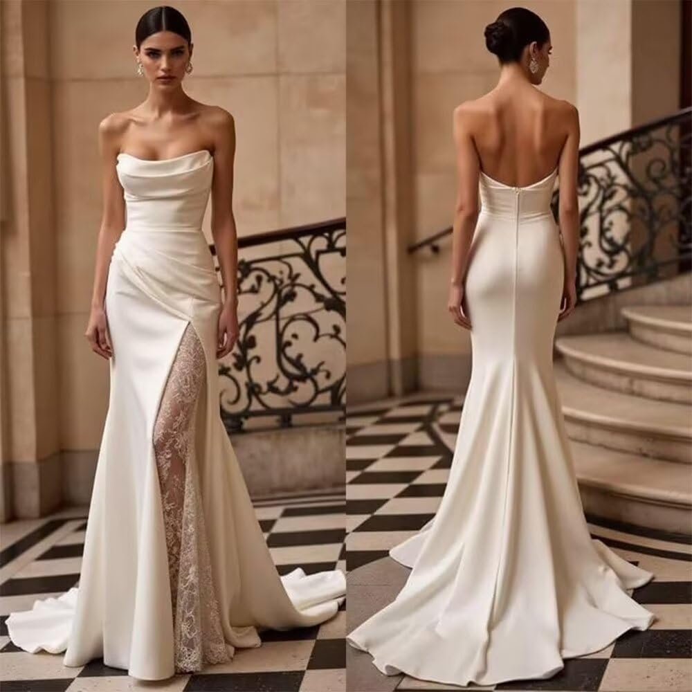White Strapless Satin Mermaid Lace Wedding Dresses Floor Length