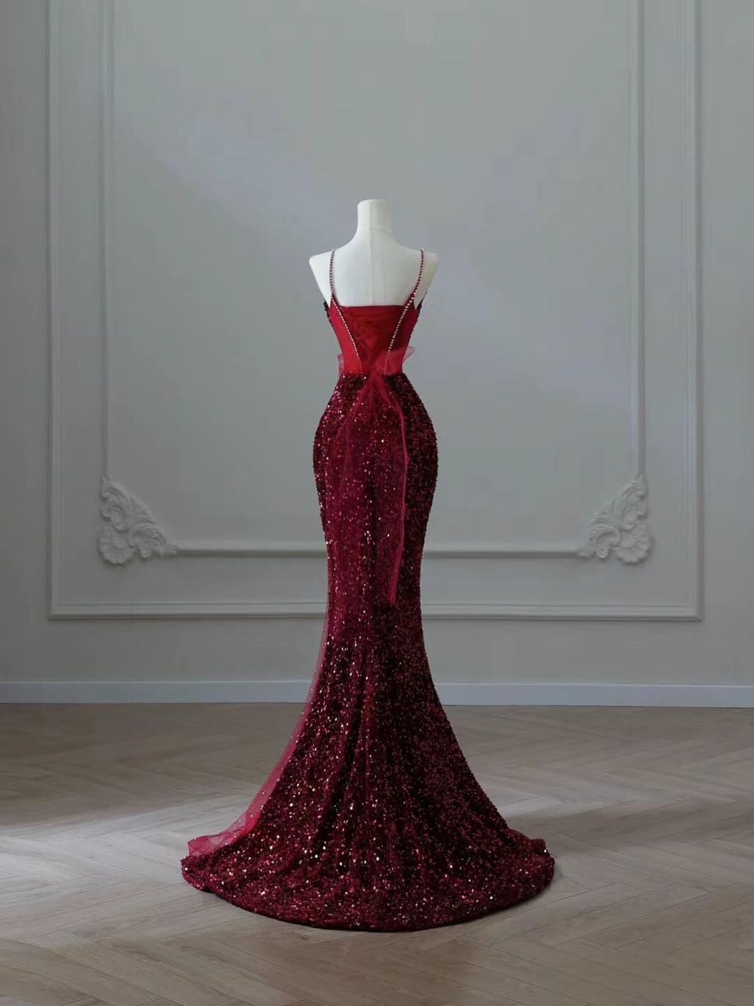 Spaghetti Straps Sequin Mermaid Long Prom Dresses  with Slit