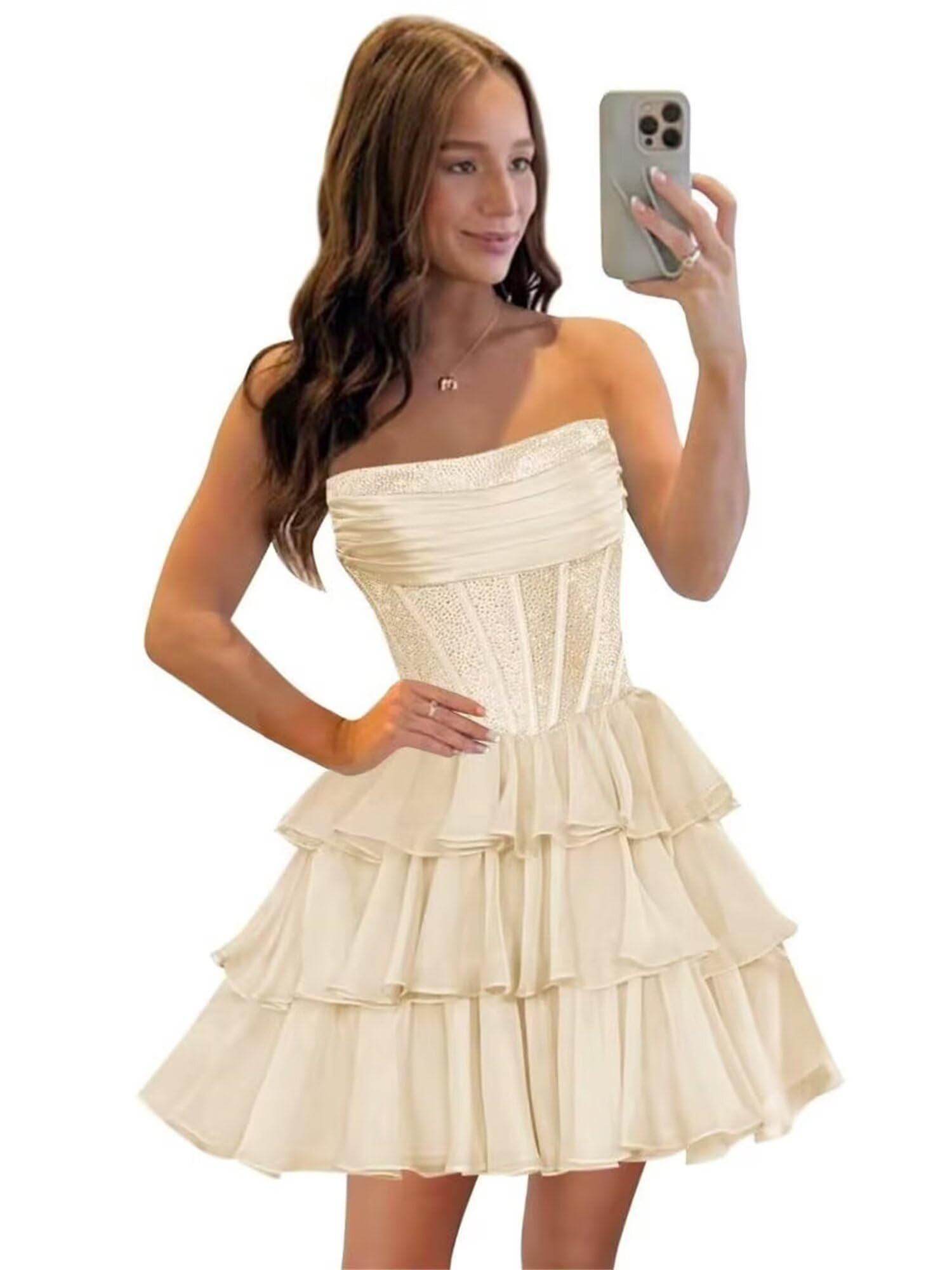  Sequin Chiffon Tiered A-Line Homecoming Dresses | Short Prom Dresses
