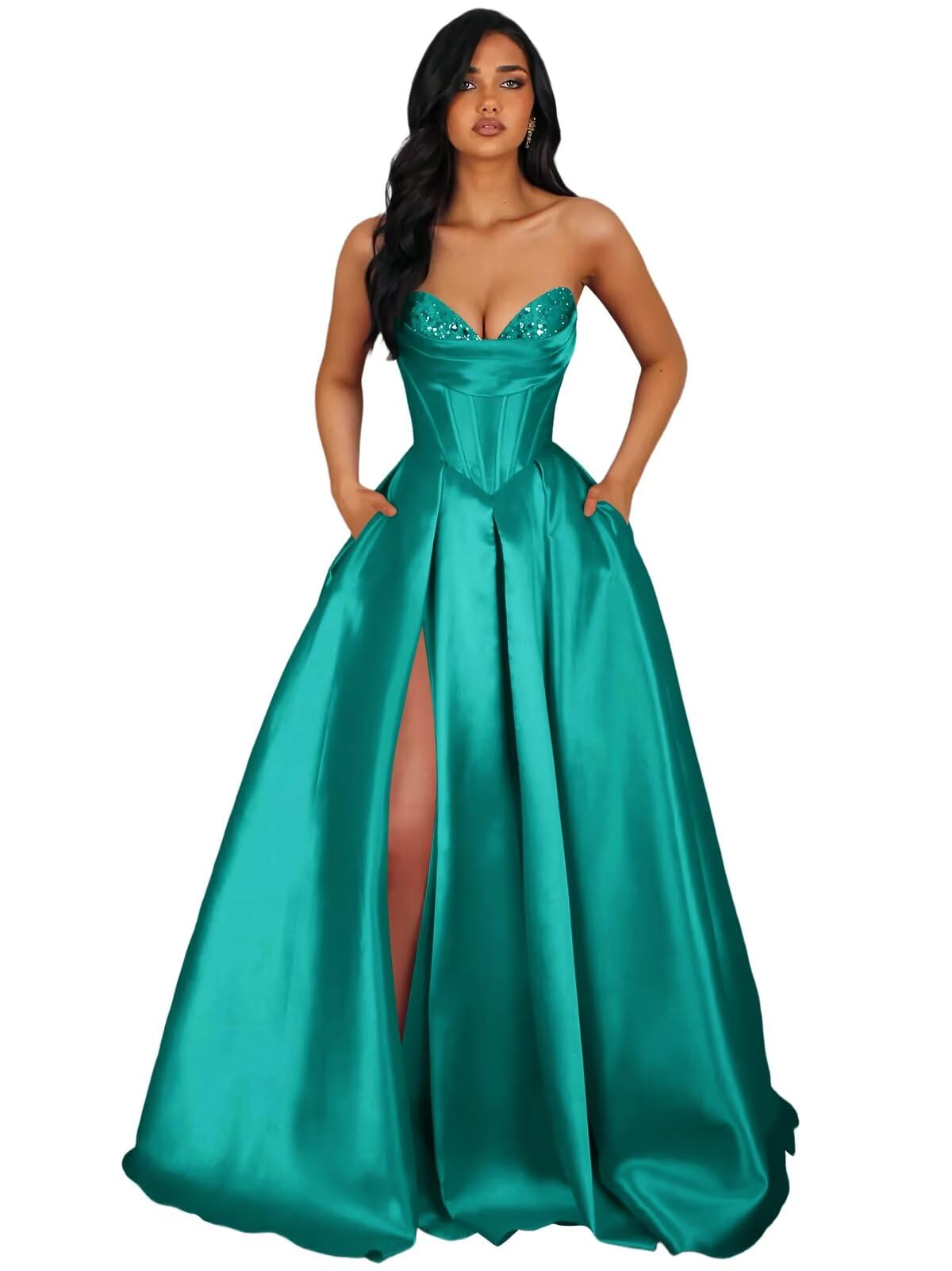 Strapless Satin Prom Dresses Long Formal Evening Cocktail Dress with Slit