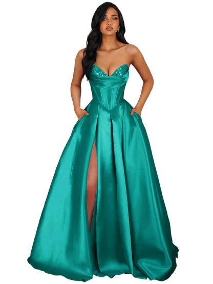 Strapless Satin Prom Dresses Long Formal Evening Cocktail Dress with Slit