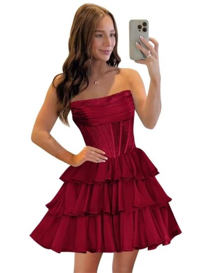  Sequin Chiffon Tiered A-Line Homecoming Dresses | Short Prom Dresses