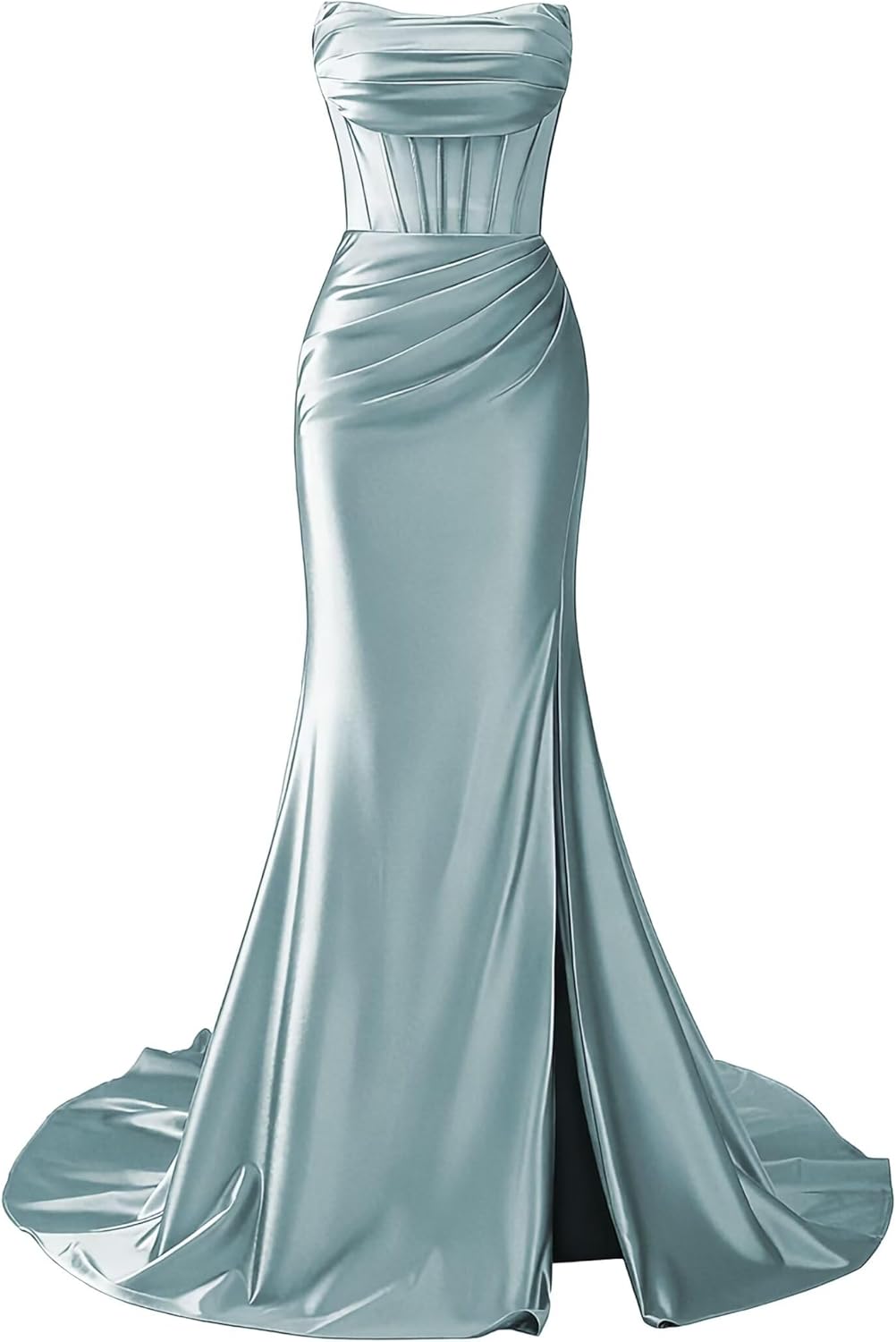 Strapless Satin Mermaid Long Prom Dresses with Slit 