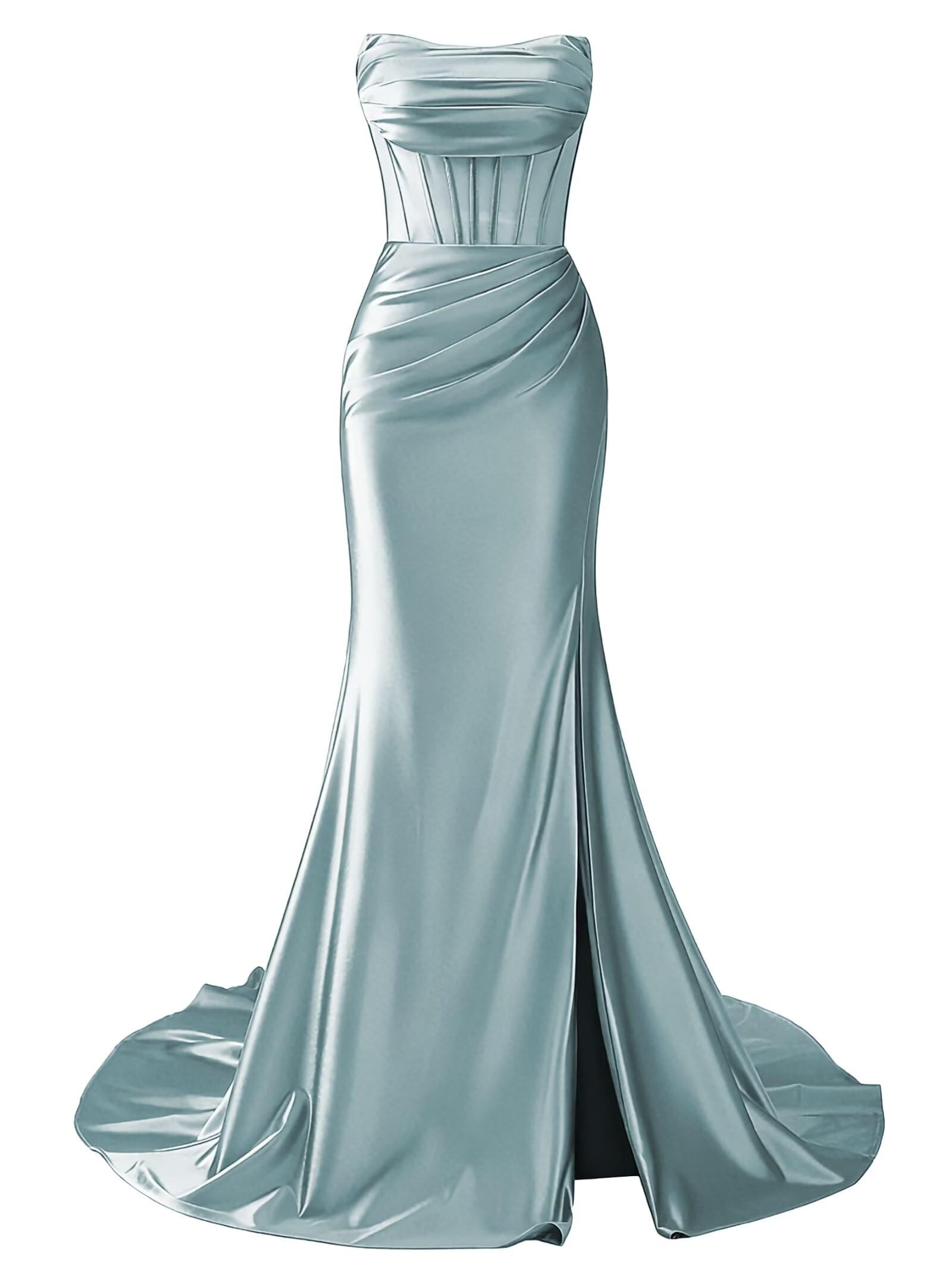 Strapless Satin Mermaid Long Prom Dresses with Slit 