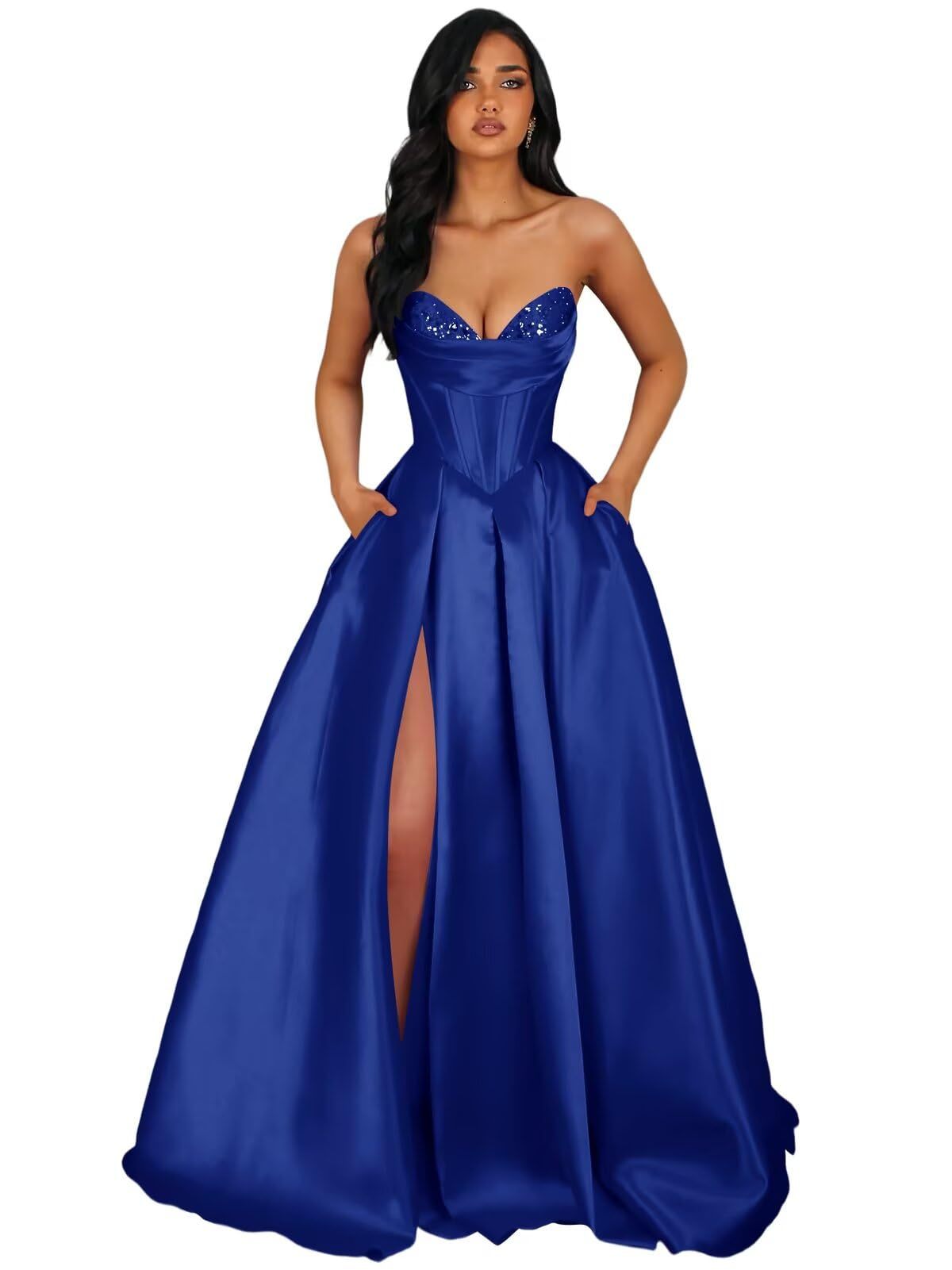 Strapless Satin Prom Dresses Long Formal Evening Cocktail Dress with Slit