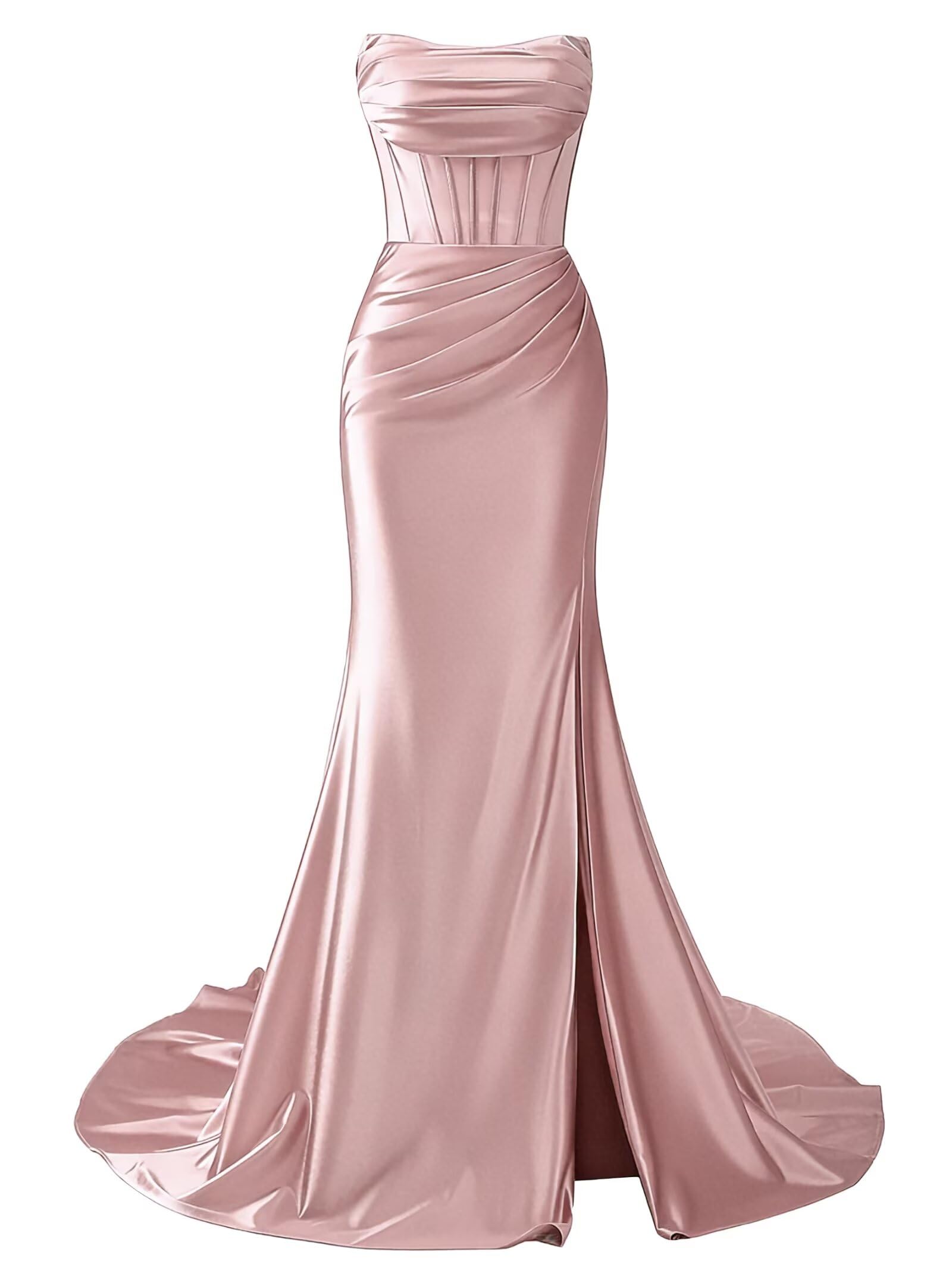 Strapless Satin Mermaid Long Prom Dresses with Slit 