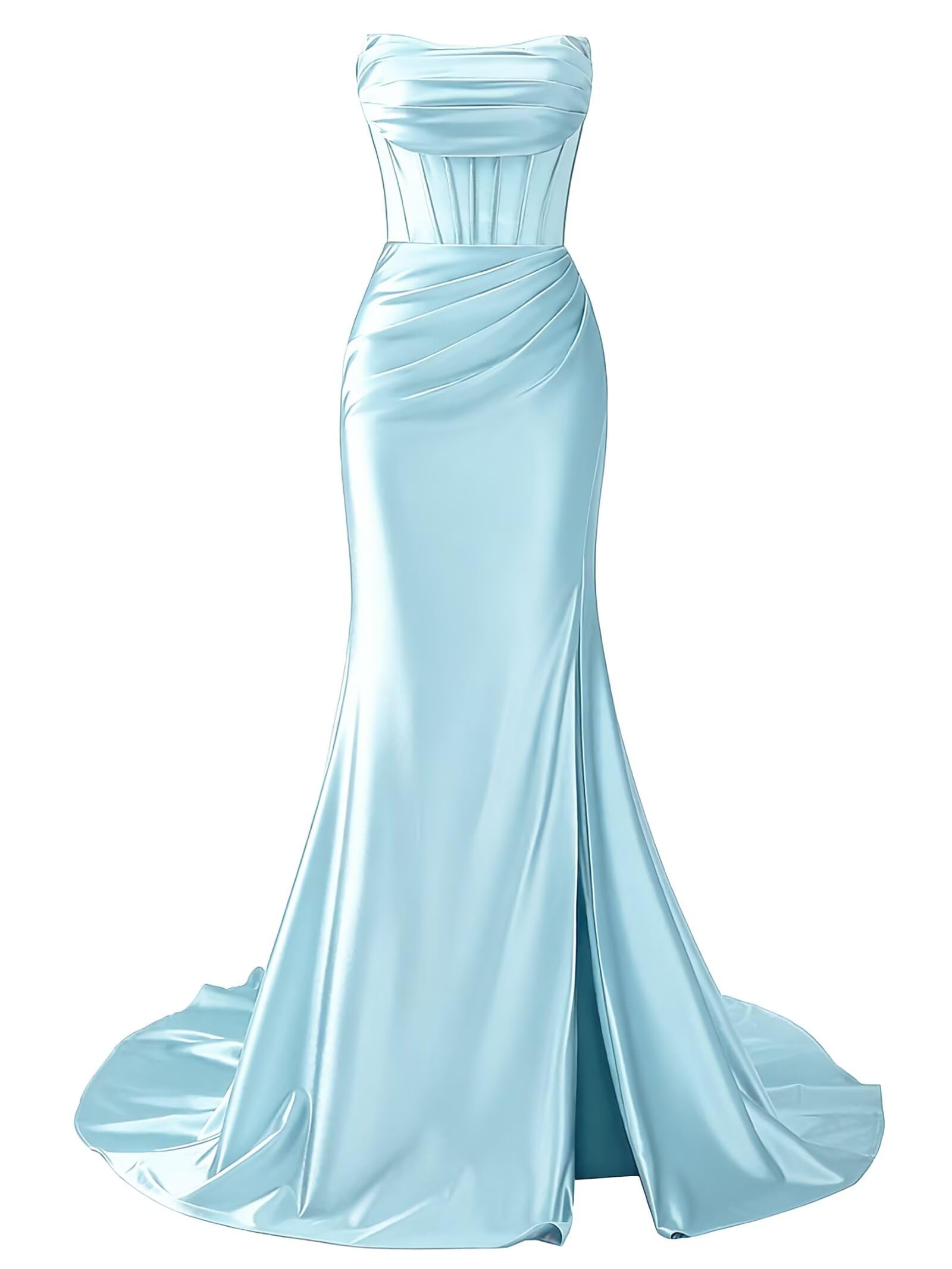 Strapless Satin Mermaid Long Prom Dresses with Slit 