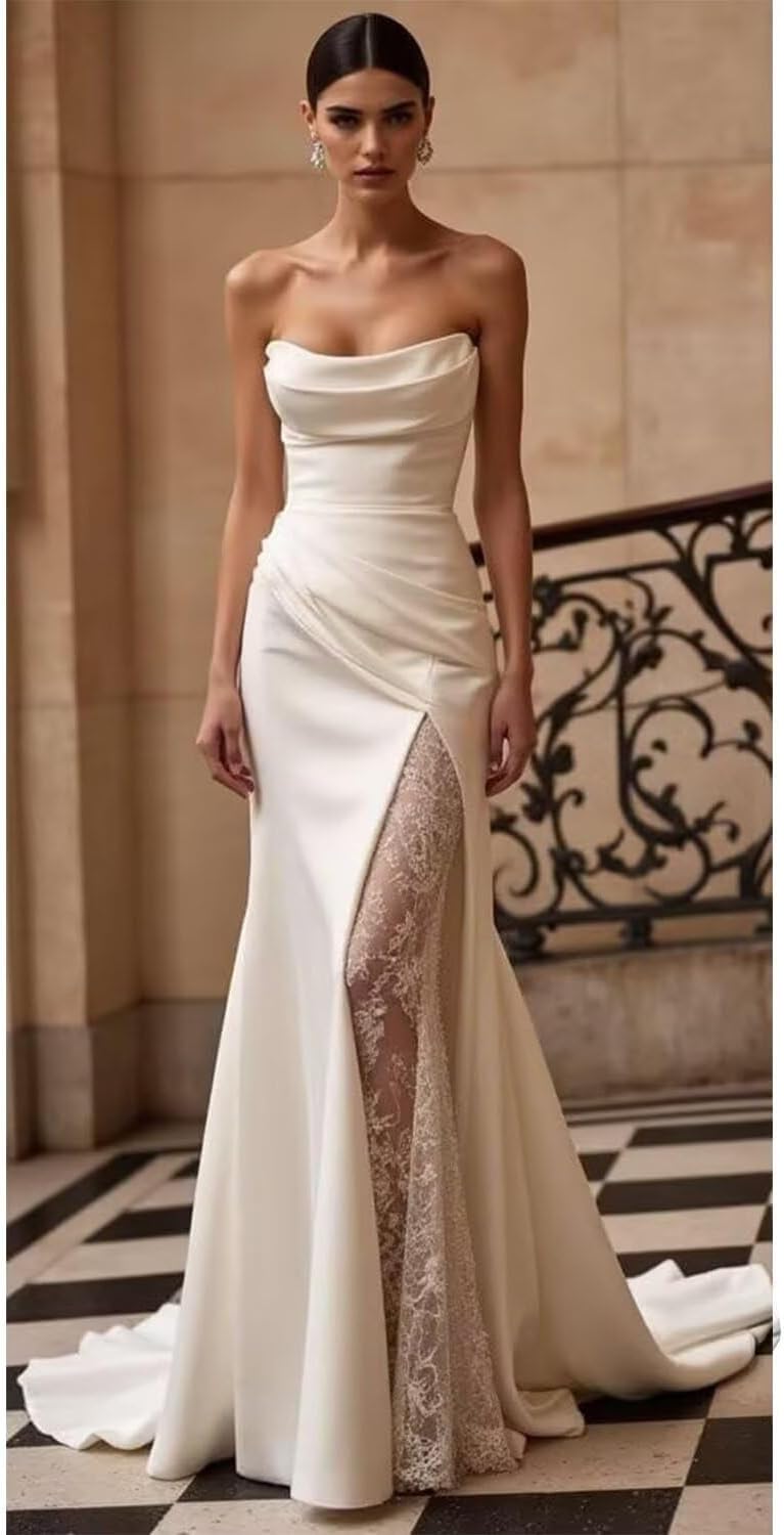 White Strapless Satin Mermaid Lace Wedding Dresses Floor Length