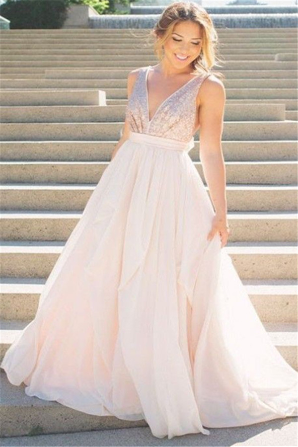 Sexy Elegant V-Neck Sequins Ruffles Prom Dress UKes UK Sleeveless Open Back Elegant Evening Dress UKes UK