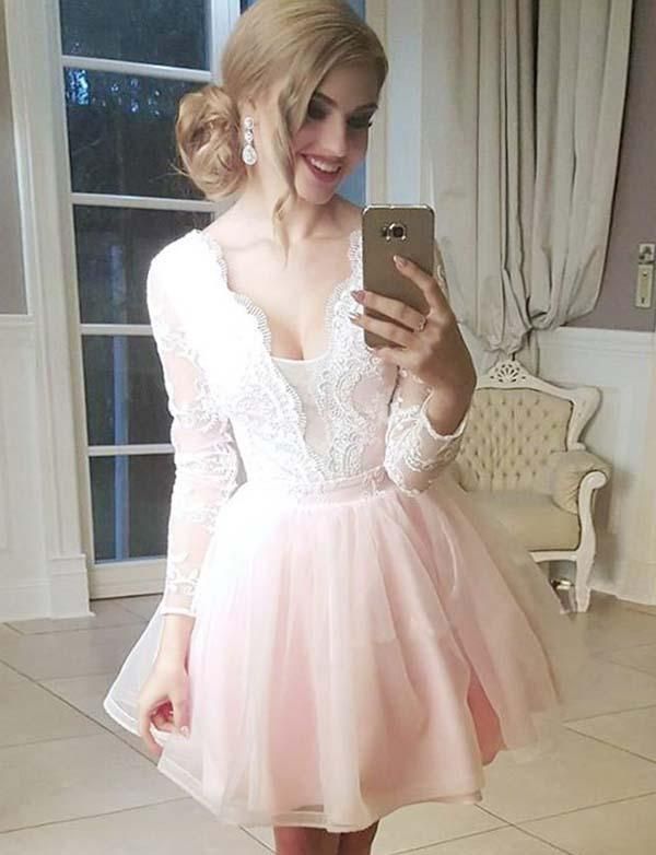 Trendy Tulle A-Line Lace V-Neck Long Sleeves Mini length Prom Dress UK UK