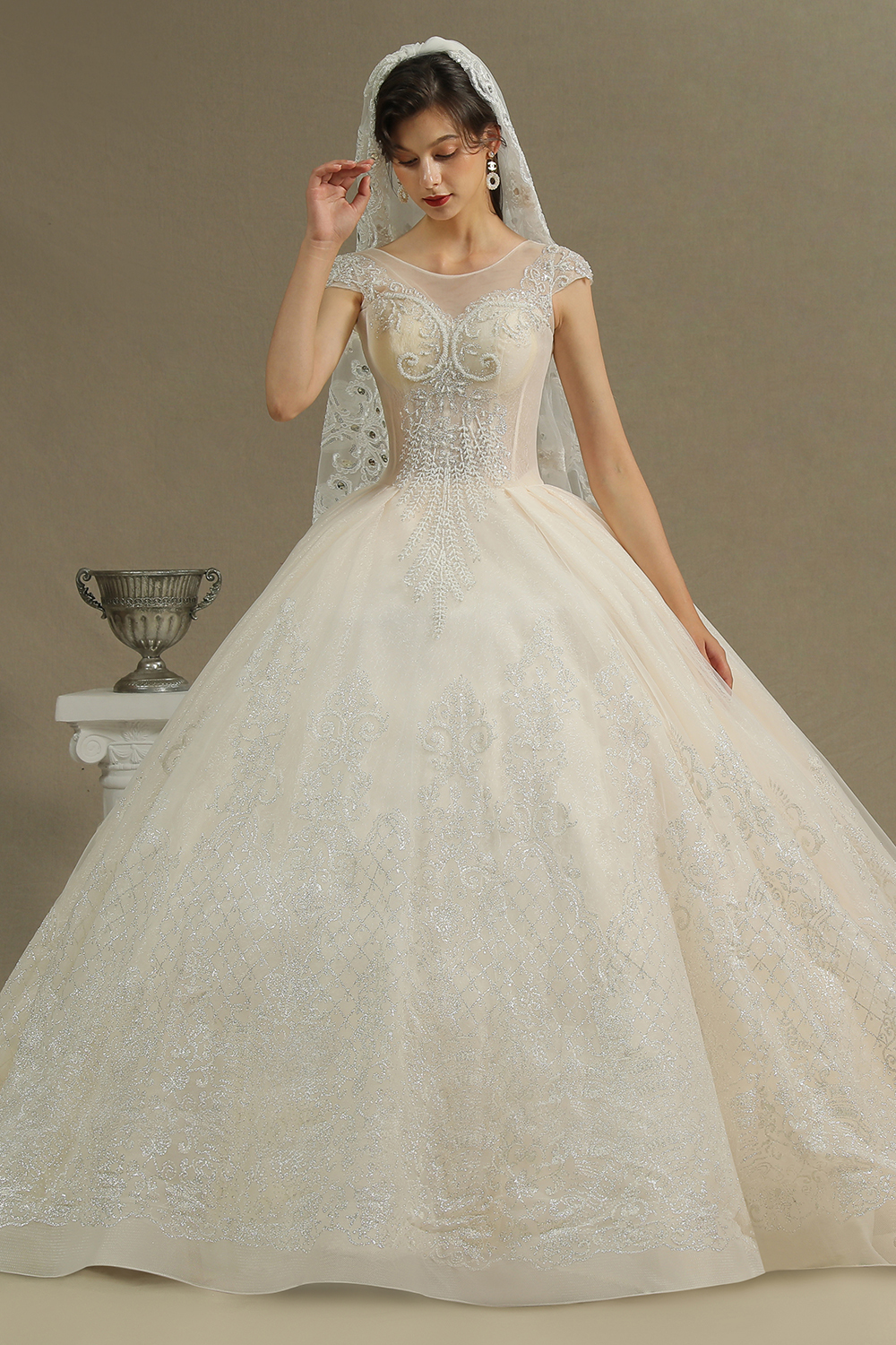 Cap Sleeve Aline Cathedral wedding dress Tulle Lace Appliques Garden Bridal Gown