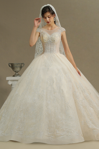 Cap Sleeve Aline Cathedral wedding dress Tulle Lace Appliques Garden Bridal Gown