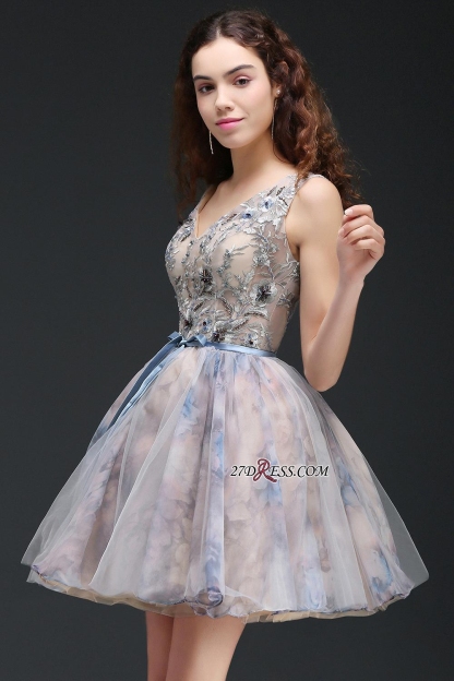 Sash Cute Lace-up Sleeveless Straps Short Flowers Homecoming Dress UK