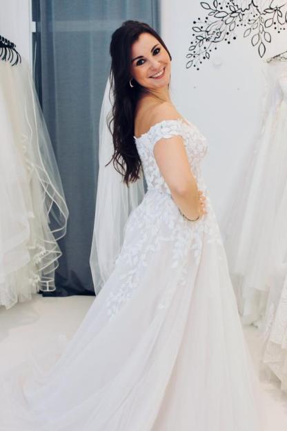 Modest Of-the-Shoulder White Tulle Aline Wedding Dress with Floral Appliques