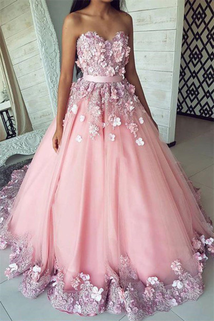 Fashion Pink Flower Sweetheart Lace Appliques Prom Dress UKes UK Ribbons Ball Gown Sleeveless Evening Dress UKes UK with Beads