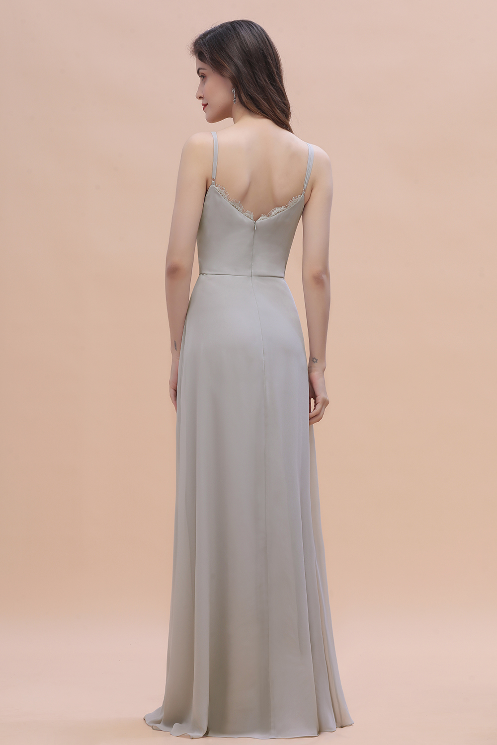Spaghetti Straps Chiffon Lace Bridesmaid Dress Front Slit Wedding Guest Dress