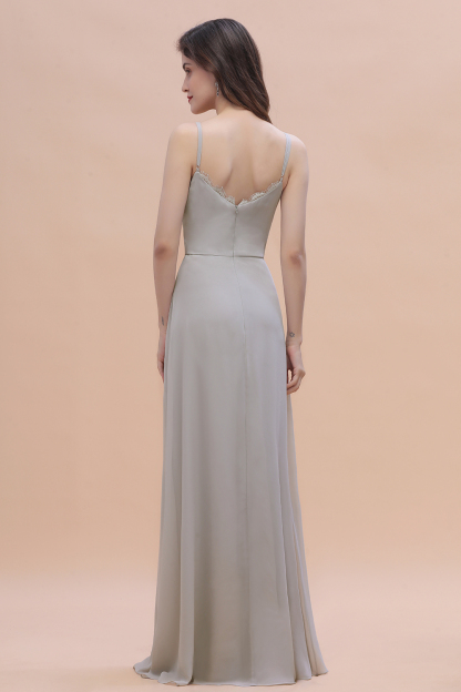 Spaghetti Straps Chiffon Lace Bridesmaid Dress Front Slit Wedding Guest Dress