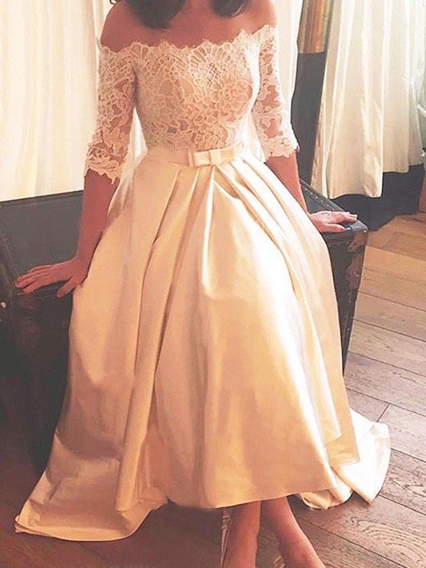 1/2 Sleeves Lace A-Line Asymmetrical Sweep Train Satin Off-the-Shoulder Wedding Dresses UK-27Dress.co.uk