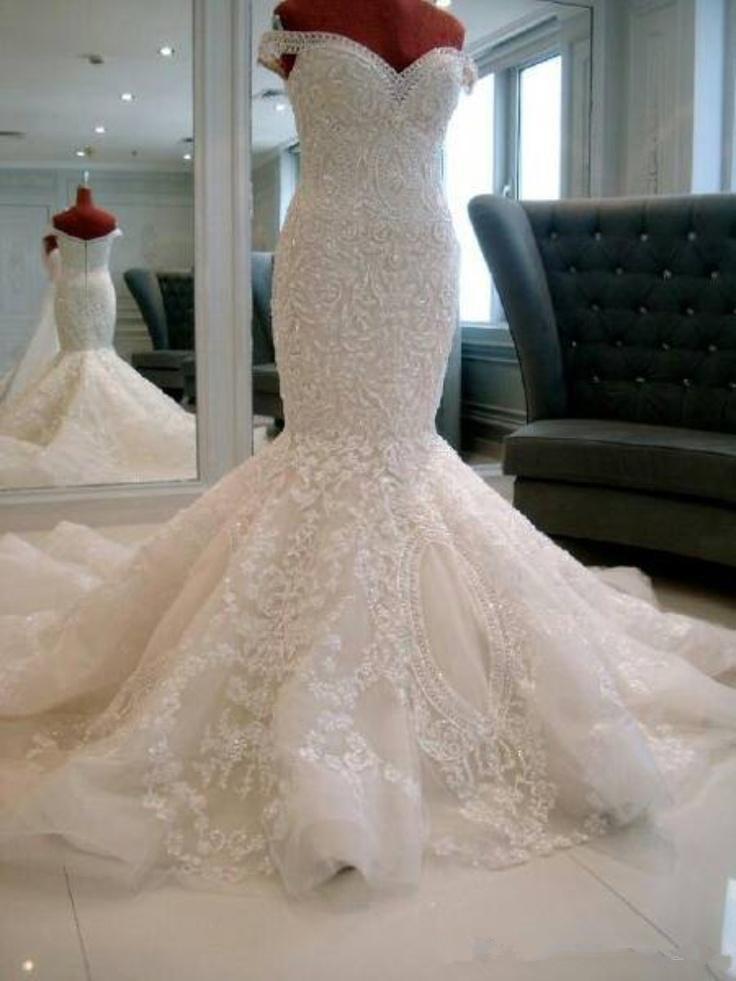 Gorgeous Off-the-shoulder Pearls Wedding Dress Sexy Mermaid Lace Long Train