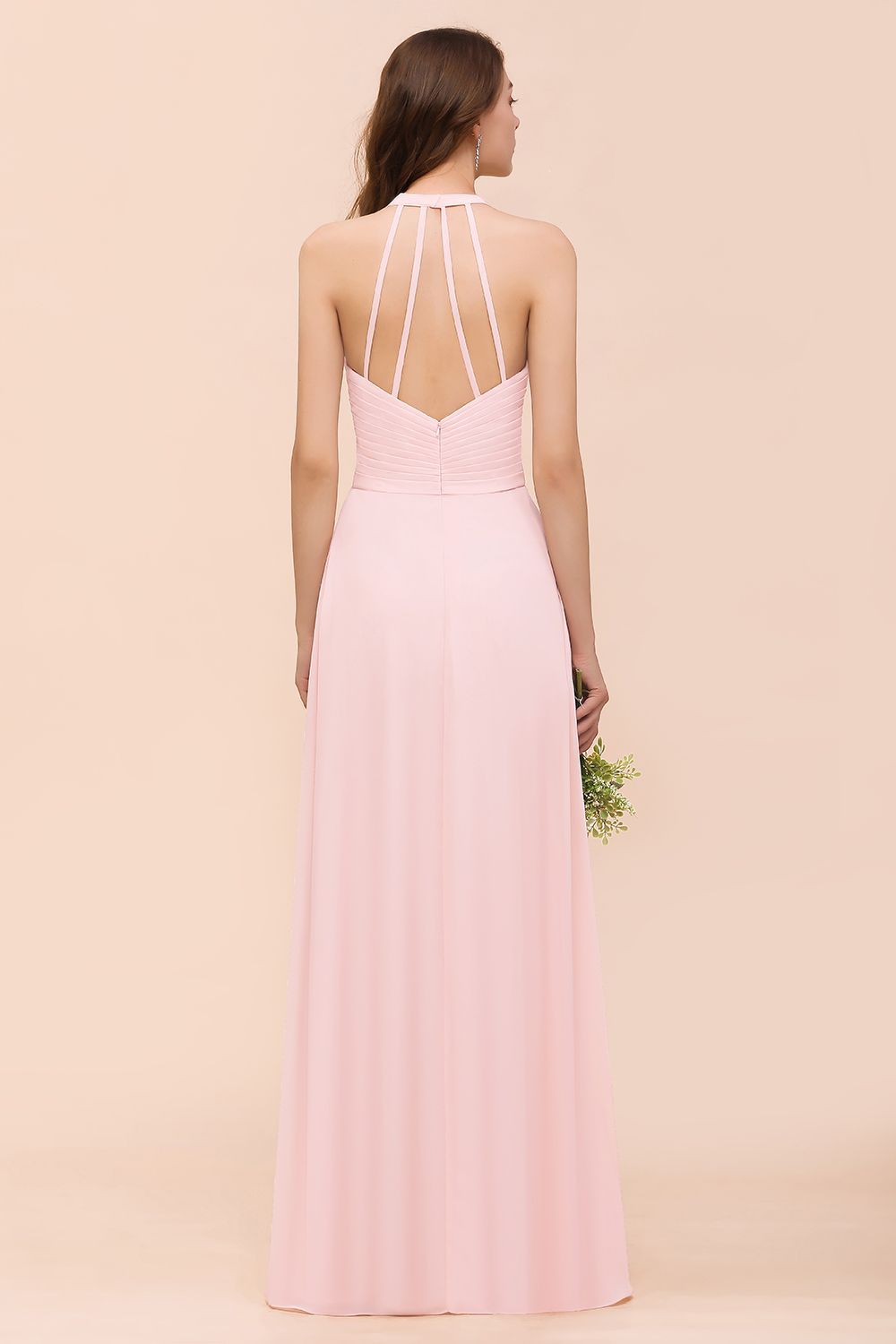Chic V-Neck Blushing Pink Ruched Chiffon Simple Bridesmaid Dress