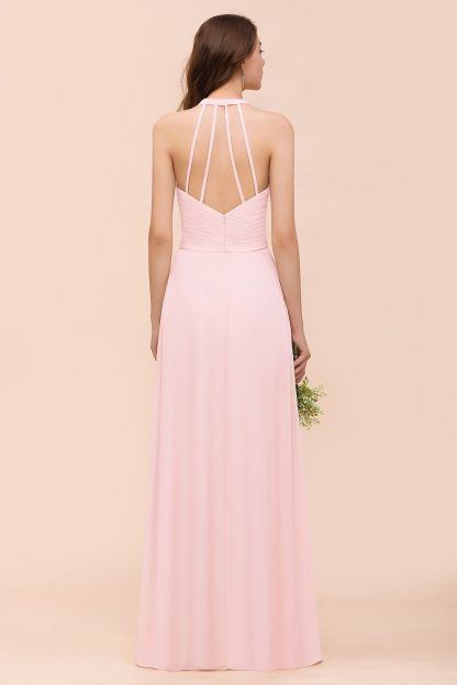 Chic V-Neck Blushing Pink Ruched Chiffon Simple Bridesmaid Dress