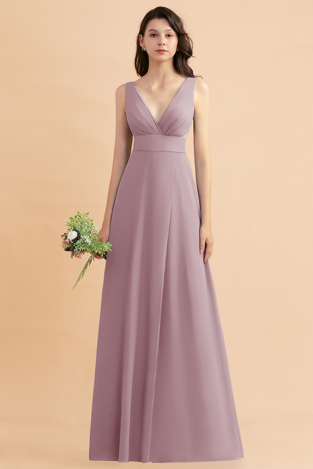 Dusty Blue Chiffon Bridesmaid Dress with Side Slit Long Wedding Guest Dress