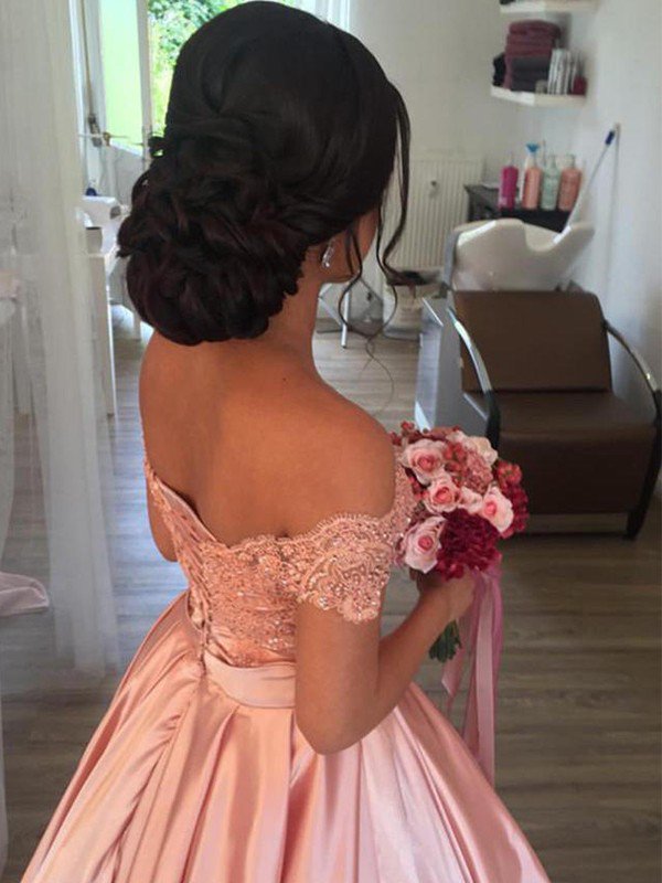 Satin Off-the-Shoulder Ball Gown Cathedral Train Sleeveless Ruffles Wedding Dresses UK