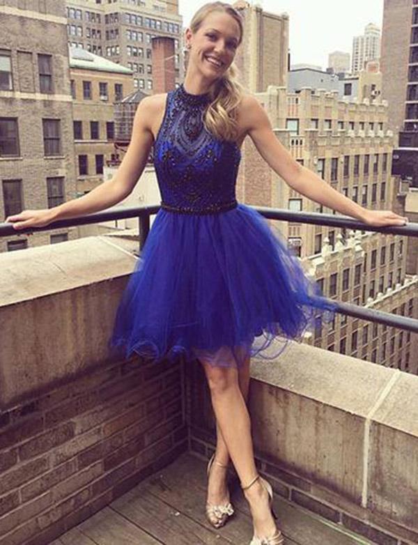 Modern A-Line Beading High Neck Tulle Sleeveless Short length Prom Dress UK UK