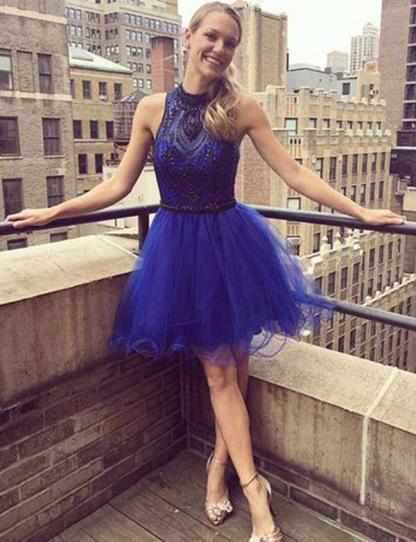Modern A-Line Beading High Neck Tulle Sleeveless Short length Prom Dress UK UK