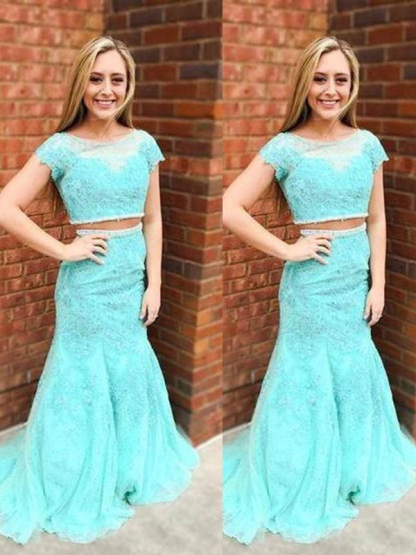 Sexy Jewel Lace Appliques Two Piece Prom Dress UKes UK Mermaid Sleeveless Evening Dress UKes UK