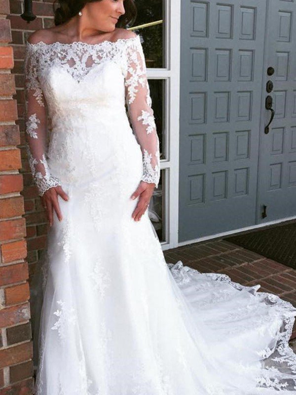 Applique Cathedral Train Sexy Mermaid Tulle Long Sleeves Off-the-Shoulder Wedding Dresses UK