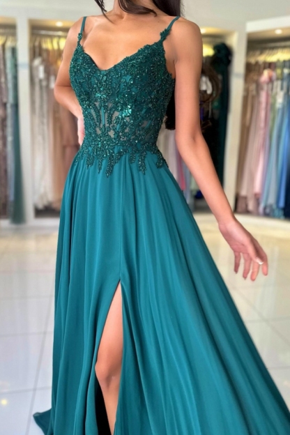Elegant V-Neck Chiffon Aline Evening Dress Dark Green Side Slit Formal Dress with Straps