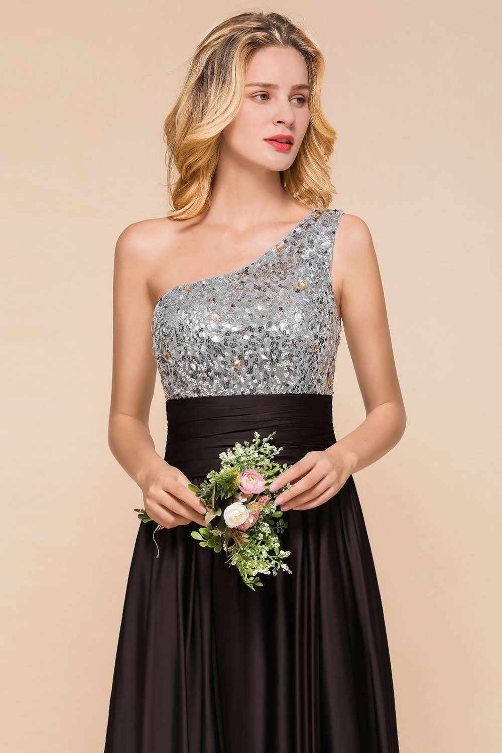 One Shoulder Glitter Seqions Long Bridesmaid Dress