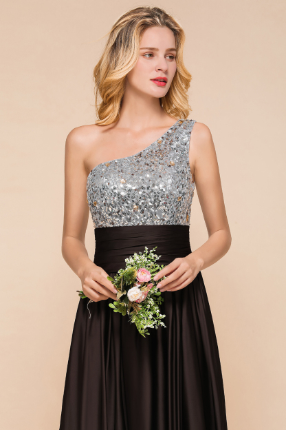 One Shoulder Glitter Seqions Long Bridesmaid Dress