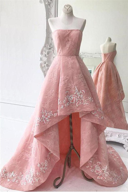Sexy Lace Strapless Lace Appliques Prom Dress UKes UKRuffles Hi-Lo Sleeveless Evening Dress UKes UK
