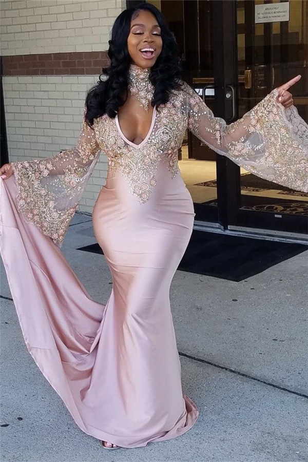 Luxury Long Sleeve Prom Dress UK Mermaid Pink With Lace Appliques BK0
