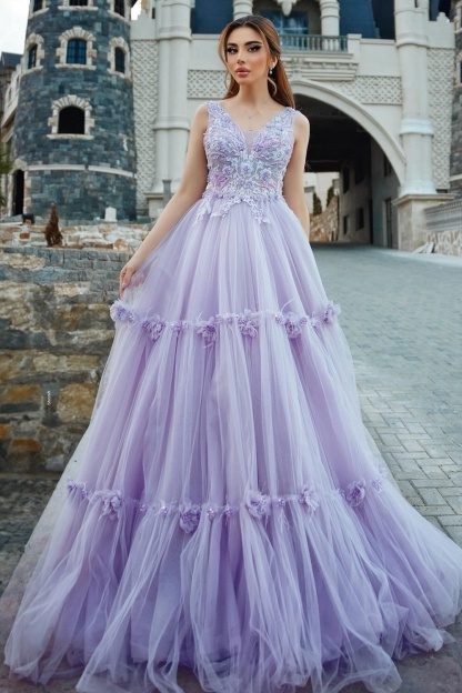 V-neck Tulle Appliques Lace Floor-length A-Line Prom Dresses