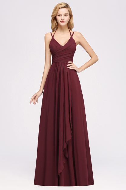 A-line Sleeveless Ruffles Chiffon Floor-Length Bridesmaid Dresses with Straps