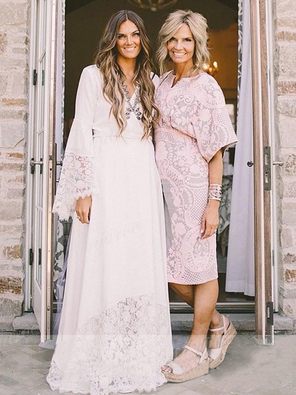 Floor-Length Lace A-Line Ribbon V-Neck Long Sleeves Wedding Dresses UK