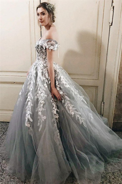 Lace Appliques Off-the-Shoulder Prom Dress UKes UK Lace up Ball Gown Sleeveless Evening Dress UKes UK