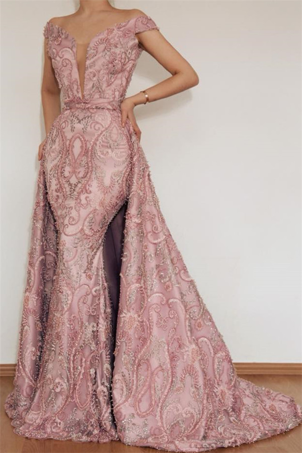 Luxury Elegant Mermaid Off The Shoulder Applique Long Pink Affordable Evening Dress UKes UK UK With Detachable Skirt-27Dress.co.uk