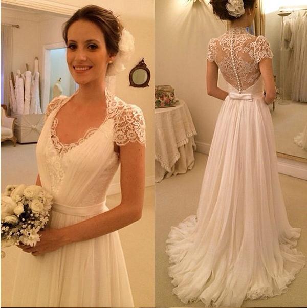 Elegant Scoop Neckline Cap Sleeve Wedding Dress With Lace