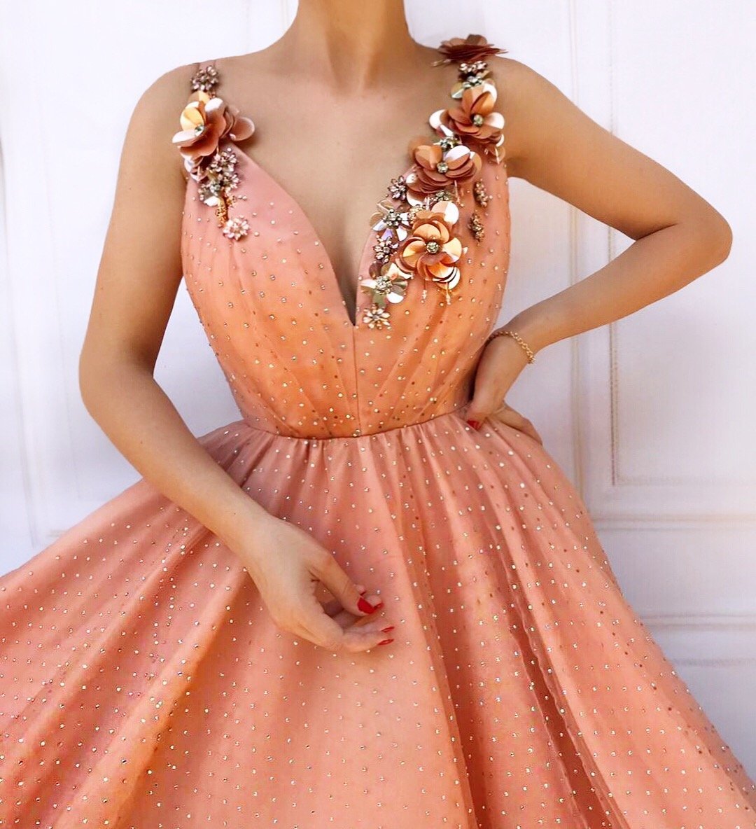 Orange Floral Lace Appliques Straps Sleeveless Tulle A-Line Prom Dress UK