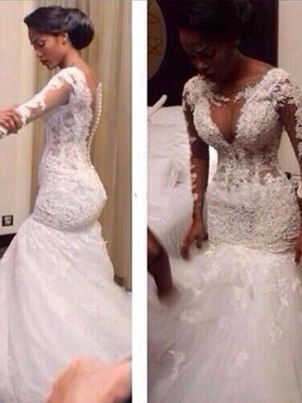 Lace Tulle Floor-Length Sexy Mermaid V-Neck Long Sleeves Wedding Dresses UK