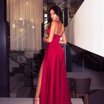Elegant Hot V-Neck Spaghetti Straps A-Line Front Split Prom Dress UK UK