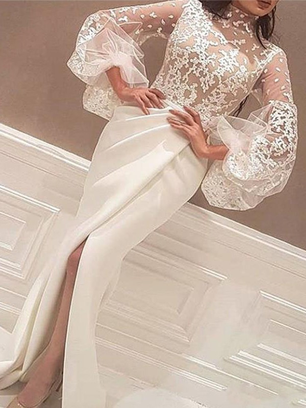 High Neck Lace Long Sleeves Prom Dress UKes UK Mermaid Ruffles Elegant Evening Dress UKes UK Sexy