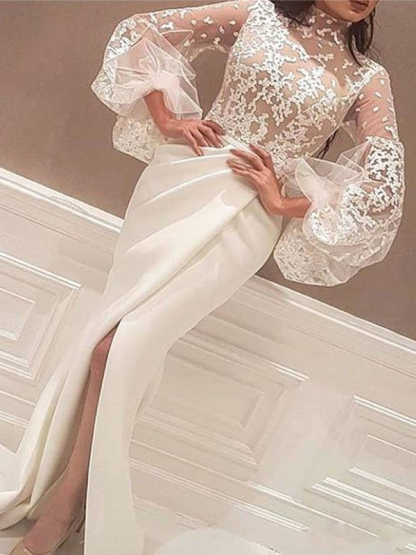 High Neck Lace Long Sleeves Prom Dress UKes UK Mermaid Ruffles Elegant Evening Dress UKes UK Sexy