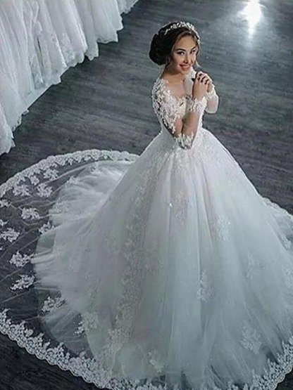 Scoop Neckline Applique Long Sleeves Ball Gown Tulle Wedding Dresses UK