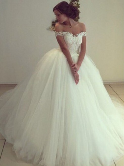 Pretty Off-the-Shoulder Tulle Ball Gown Wedding Dresses UK